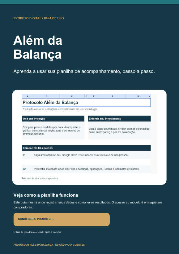 Capa do guia ilustrado Além da Balança, com uma imagem real da aba Início da planilha